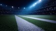 © Larysa - Illuminated football field at night with central line perspective. AI image