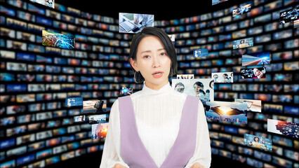 Wall Mural - A female announcer reading the news in front of a video screen