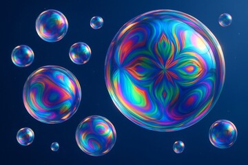 Wall Mural - abstract colorful soap bubbles with swirling rainbow patterns on dark blue background, showcasing vi