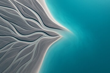 Wall Mural - aerial view of abstract river delta meeting turquoise sea with organic branching pattern and soft gr