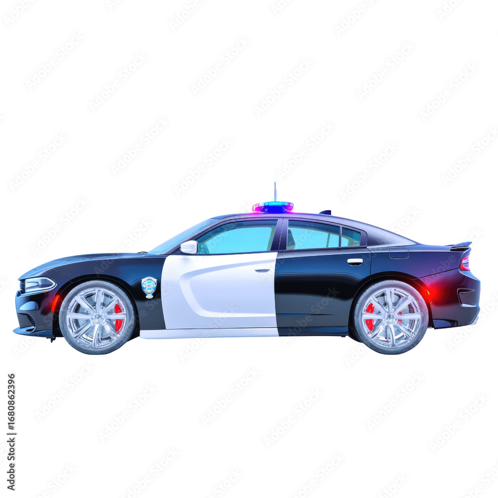 Side View of Police Car with Flashing Lights on Isolated Background in ...