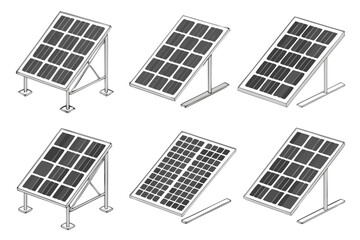 Vector art of isometric drawing of various solar panel systems, showcasing renewable energy technology and sustainable power generation