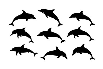  Vector art of a playful group of dolphin silhouettes swimming together, , creating a dynamic and engaging pattern with their sleek bodies