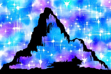 Silhouette mountain against a starry, vibrant cosmic background