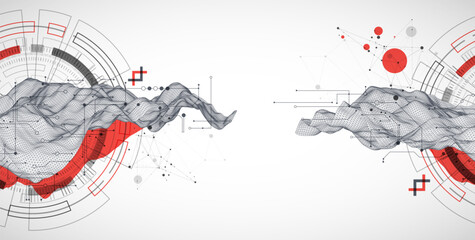 Wall Mural - Abstract data background with wireframe wave and circuit lines. Technology concept. Vector