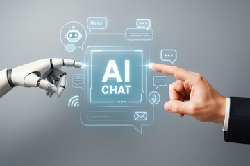 Wall Mural - human hand and robotic hand pointing at ai chat icon with futuristic digital interface concept on li