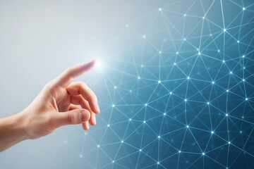 Wall Mural - human hand touching glowing network point on futuristic digital mesh background symbolizing technolo