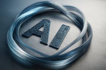 Wall Mural - ai letters with circuit texture surrounded by fiber optic cables on abstract metallic background sym