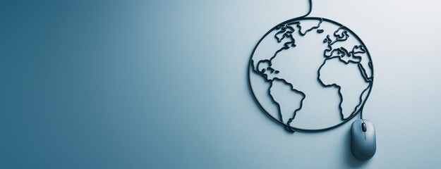 Wall Mural - computer mouse connected to a wire shaped like a world map on blue background symbolizing global tec