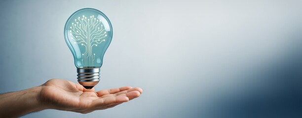 Wall Mural - futuristic lightbulb with circuit design floating above a human hand on blue gradient background, sy