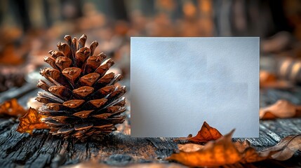 Wall Mural - close up of a rustic pinecone and a blank white card surrounded by autumn leaves on a wooden surface