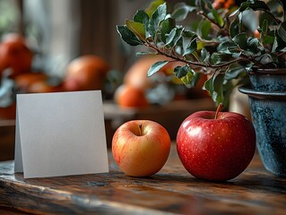 Wall Mural - vibrant red and smaller yellow s rest on a rustic wooden table beside a blank white card amidst autu