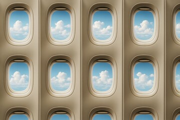 Wall Mural - multiple airplane windows with blue sky and clouds creating a light and creative travel-themed backg