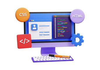 3D web development concept with computer, code, HTML and CSS. Isolated on transparent background, png