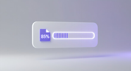 An 85 percent file download completion bar with a document icon. Data transfer or progress concept. Digital technology design.