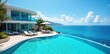 © Chanapa - Luxurious hotel with a stunning, panoramic ocean view, featuring a vibrant blue exterior and cloudless sky Perfect for travel, vacation, and relaxation , hotel, panoramic, sky