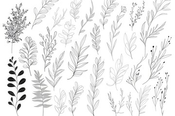 Vector clipart set of simple hand-drawn line-art leaves and foliage in monochromatic gray tones on white background for scrapbooking and design layouts in high-resolution watercolor style