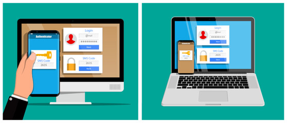 User login to account on desktop computer. Man hand hold smartphone for two factor authentification using security code.