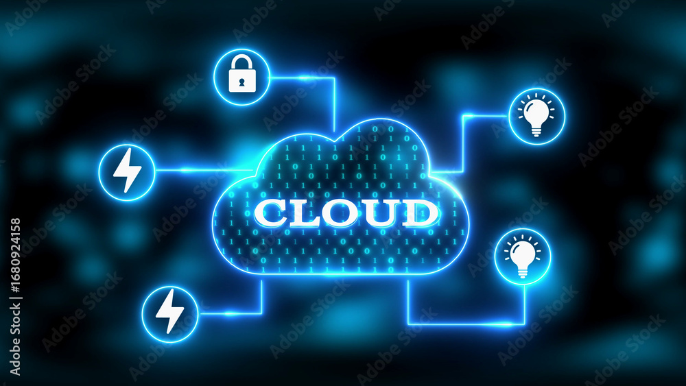 Blue Neon Cloud Icon with CLOUD Text and Binary Code Connected to ...