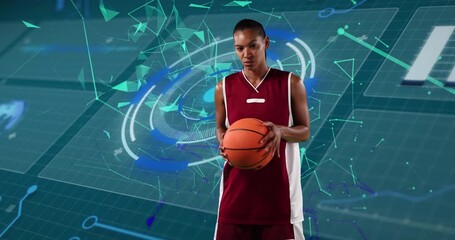 Wall Mural - Animation of basketball player holding ball over light basketball scientific basketball