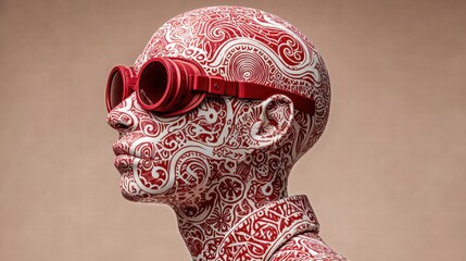 Intricate design on a head wearing red goggles, a unique artistic style