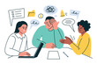 © Elena - Flat cartoon vector illustration, office scene with meeting fatigue, stressed worker holding head, colleagues discussing project, teamwork problems, burnout, characters in business communication