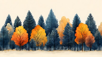 Wall Mural - stylized watercolor illust n of an autumn forest featuring blue grey evergreen trees and vibrant ora