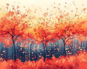 Wall Mural - vibrant painterly illust n of an autumn forest landscape featuring bright red and orange foliage aga
