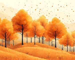 Wall Mural - Vibrant orange and golden autumn trees stand on rolling hillsides with leaves gently falling creating a picturesque and serene seasonal landscape