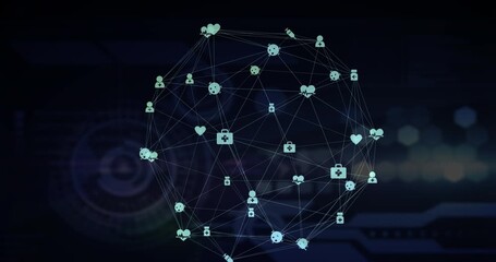 Wall Mural - globe of medical icons over digital interface with data processing against black background