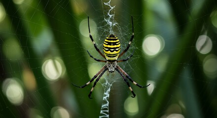 Vibrant Wasp Spider Centered on its Silken Web with Zigzag Stabilimentum