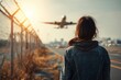 © Sulaihatin - A woman in a jean jacket watches a plane take off near a chainlink fence