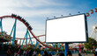 © Paylopi - A blank white billboard stands next to a thrilling roller coaster at an amusement park on a sunny day, a fun and exciting mockup for a brand or event.