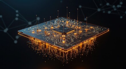 Close-up of a glowing circuit board with a central processor.