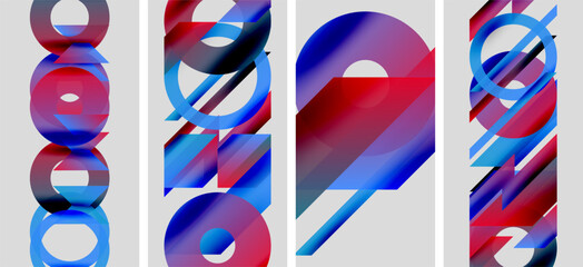 Wall Mural - abstract artwork. four panels display overlapping circles, rectangles, vibrant blues, reds. modern d