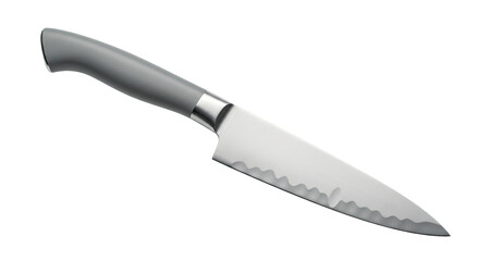 Grey handled kitchen knife with textured blade.