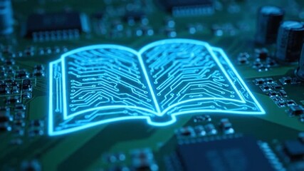 A luminous digital book, its pages intricately designed with circuit patterns, symbolizes the convergence of traditional learning and advanced technology.