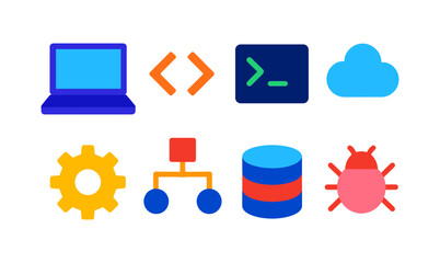 Colorful flat icons for web development and cloud computing concepts