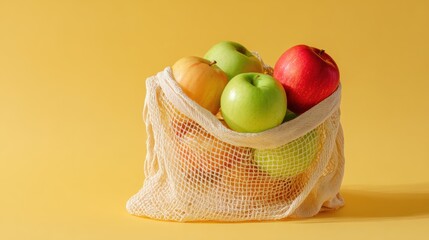 A selection of colorful apples in a reusable net bag against a yellow background.