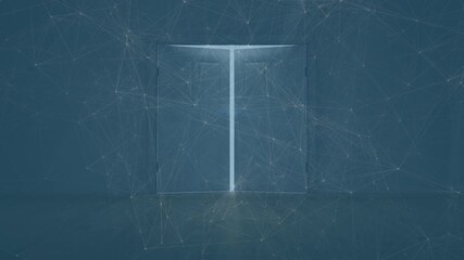 Wall Mural - Network of connections and data processing over opening door on wooden plank against clouds in sky