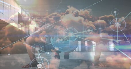Wall Mural - animation of network of connections over woman and man exercising outdoors