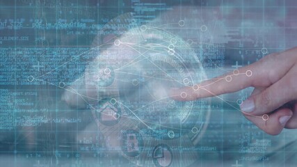 Wall Mural - data processing and network of connections over a hand touching invisible screen and hand typing