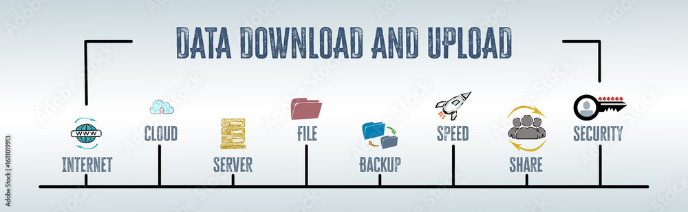 DATA DOWNLOAD AND UPLOAD Concept. Illustration with keywords and icons ...
