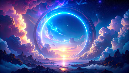 Wall Mural - Awe inspiring abstract space landscape with celestial portal of light. futuristic sky with colorful cloud and serene, beautiful horizon