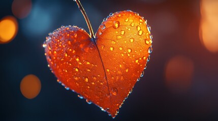 Heart-shaped leaf with water droplets, autumnal colors, bokeh background. Stock photo for nature, art, or design projects