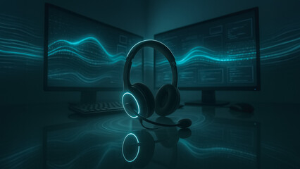 Wall Mural - cyber soundscape: a sleek headset bathed in cool blue light rests before dual monitors displaying in