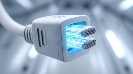 Close-up of a futuristic power plug, symbolizing data connection and energy transfer.