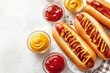 © LimeSky - Delicious hot dogs topped with ketchup and mustard on a white surface overhead view