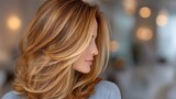 Beautiful salon photograph of a woman with perfectly styled, flowing hair. It features a seamless caramel and blonde balayage with soft waves.