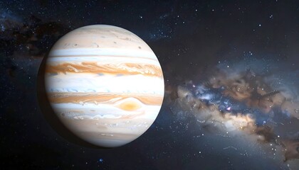 A large, round planet, likely Jupiter, with distinct banding, set against a backdrop of stars and the Milky Way galaxy.  Vast cosmic expanse